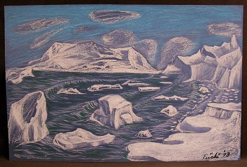 Original Pastel Painting, Iceberg by E. Kawanabe 1978