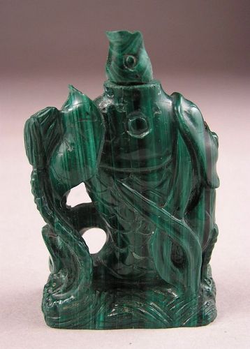 Finely Carved Chinese Malachite Snuff Bottle in Carp Water Fall Dsn